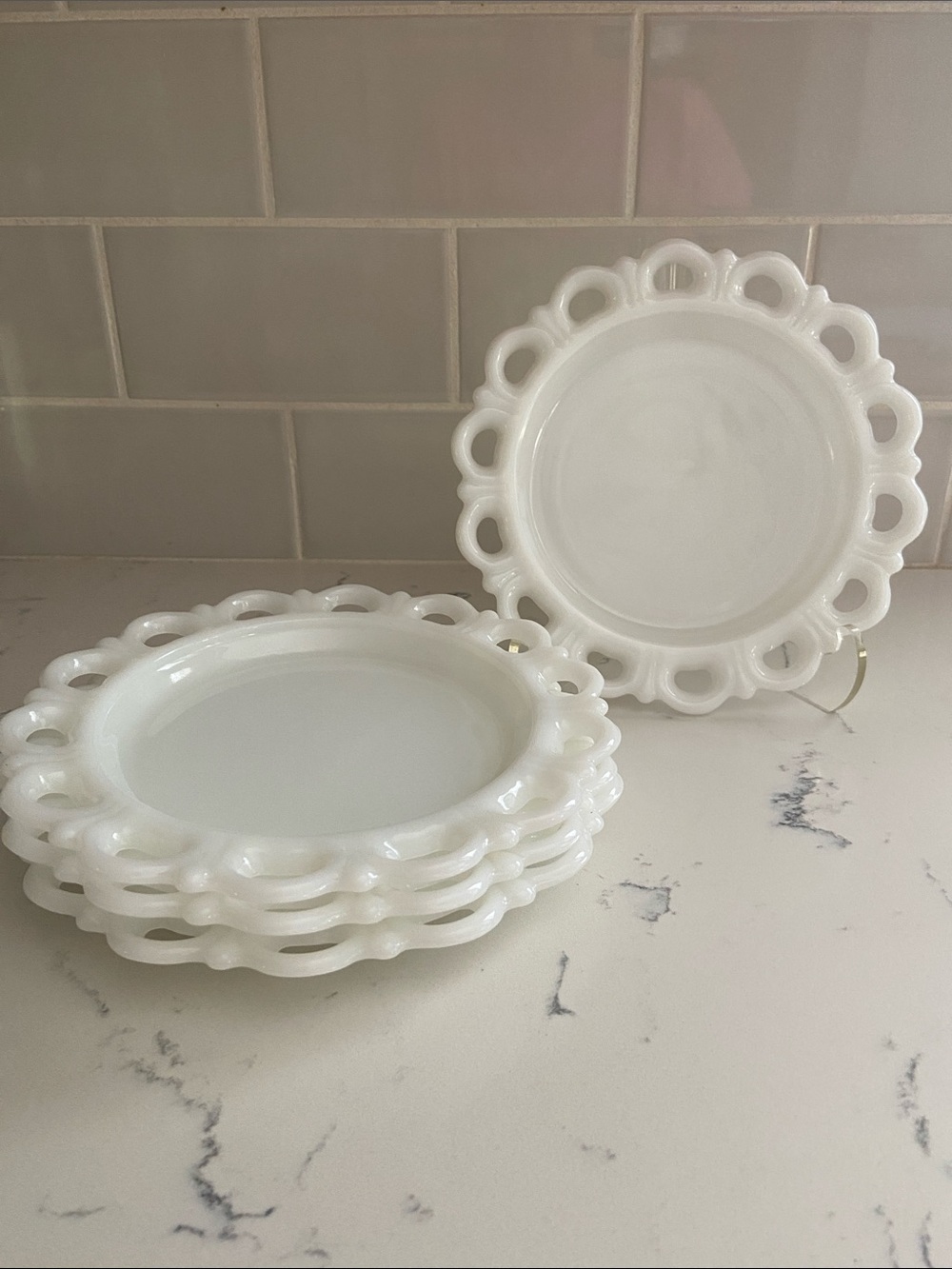Vintage Milk Glass Lace Edge Dessert Plates Set of 4 Open Lace Rim